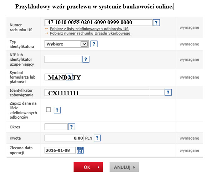Przykładowy wzór przelewu w systemie bankowości online