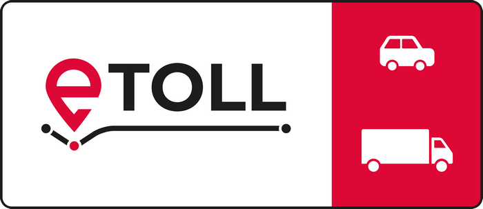 Oznakowanie pasów dla użytkowników systemu e-TOLL. Logo e-TOLL i piktogramy samochodu osobowego i ciężarowego na czerwonym tle.