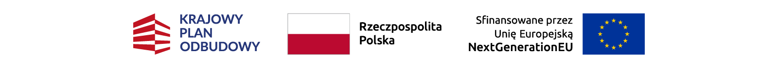 Logotyp Krajowego Planu Odbudowy, Flaga Rzeczpospolitej Polskiej oraz flaga Unii Europejskiej i napis sfinansowane przez Umię Europejską NextGenerationUE