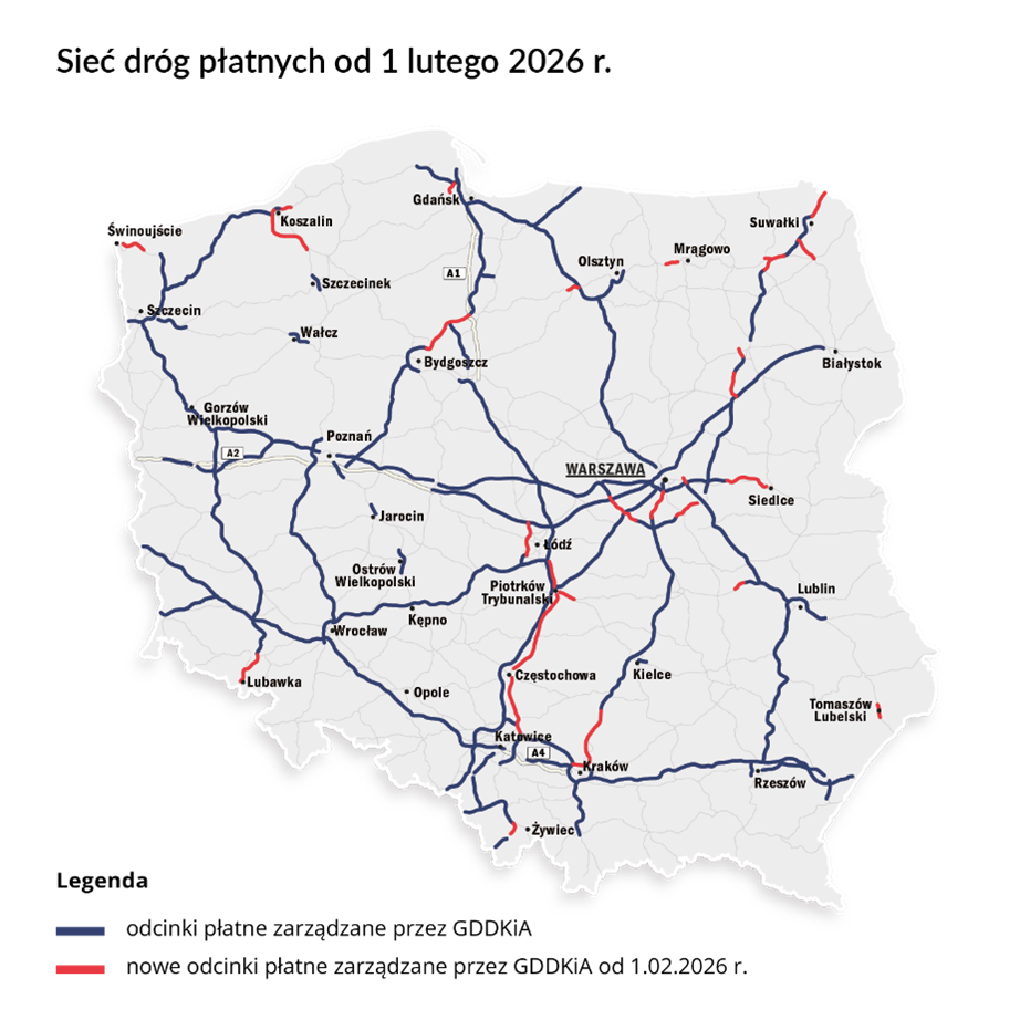 mapa Polski - sieć płatnych dróg od 1.02.2026 r.