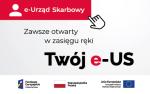 na czerwonym tle ikona człowieka, obok napis e-Urząd Skarbowy, poniżej na szarym tle napis: Zawsze otwarty w zasięgu ręki Twój e-US, na dole logo Funduszy Europejskich Polska cyfrowa, flagi Rzeczypospolitej Polskiej i Unii Europejskiej