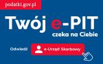 na niebieskim tle napisy: podatki.gov.pl, Twój e-PIT czeka na Ciebie, odwiedź e-Urząd Skarbowy