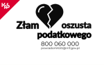 na białym tle czarne serce przepołowione oraz napisy: złam oszusta podatkowego, 800 060 000, powiadomKAS@mf.gov.pl