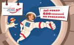 Grafika z kosmonautą i psem, z napisami już ponad czterysta zgłoszeń do programu, finansoaktywni, misja budżet, plan do działania.