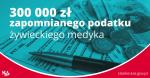 Infografika, na której widnieje formularz PIT-36L, banknoty, bilon i tekst 300 tysięcy złotych zapomnianego podatku żywieckiego medyka.