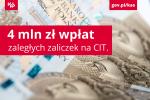 na tle polskich banknotów napis: 4 mln zł wpłat zaległych zaliczek na CIT