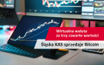 Zdjęcia klawiatury i ekranu oraz dwóch monitorów w tle, obok na czerwonym i białym tle tekst: wirtualna waluta za trzy czwarte wartości, śląska KAS sprzedaje Bitcoin.